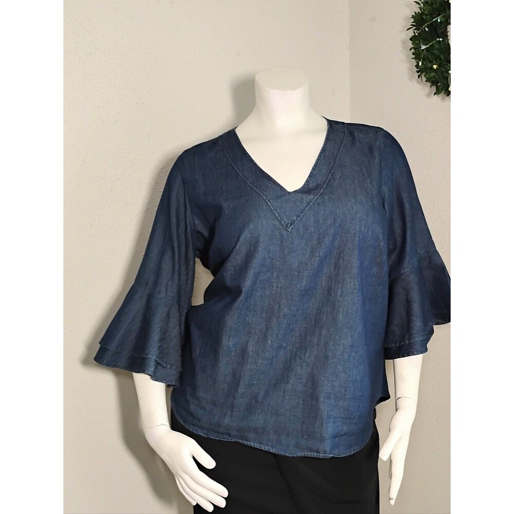 Plus Size Denim V-Neck Ruffle Sleeve Top - Blue